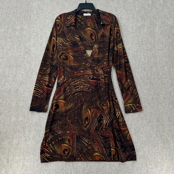 Calvin Klein Wrap Dress Size‎ 10 Peacock Brown Stretch City Classic - Picture 1 of 8